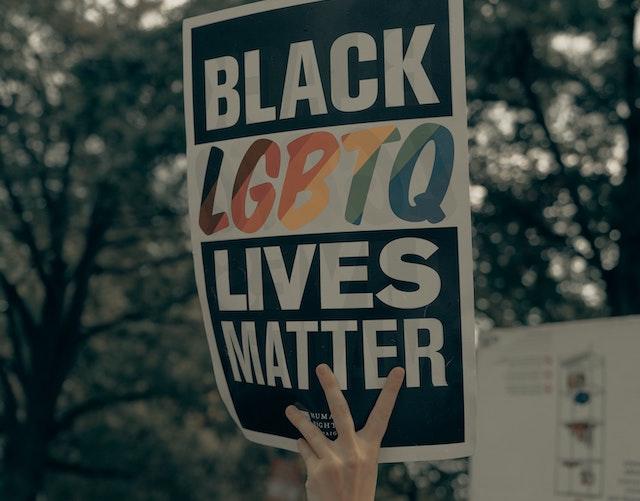 BLM sign with LGBTQ in the middle - text is BLACK LGBTQ LIVES MATTER"