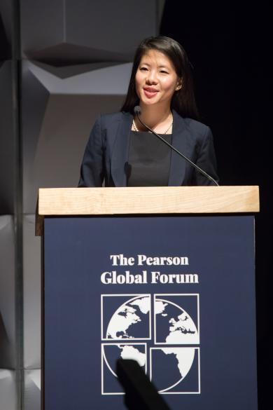 Pearson Fellow Elaine Li (MPP '19) introduces a panel at the first annual Pearson Global Forum.