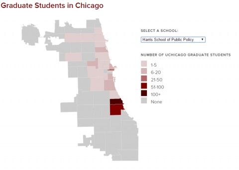 Map of Chicago identifying the number of Graduate students living in Chicago