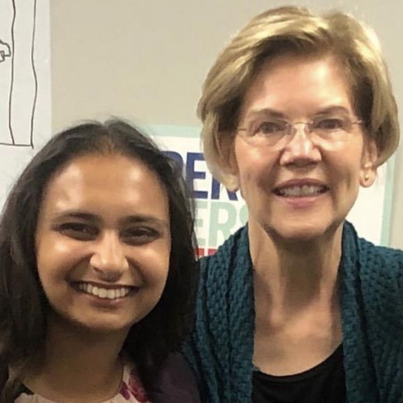 "Natasha Mathur, MSCAPP'19, takes a "selfie" with Senator Elizabeth Warren, Democratic candidate for President of the United States.