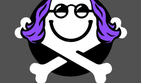 DEFCON logo of a smiley face and crossbones with purple hair and glasses