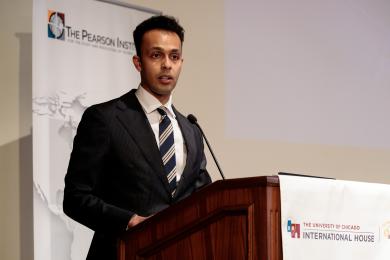 Pearson Fellow, Hisham Yousif, MPP'23, speaks at the Pearson Global Forum