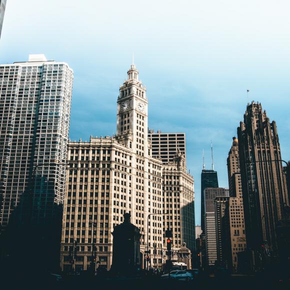 A photo of the Chicago river facing London House from the East