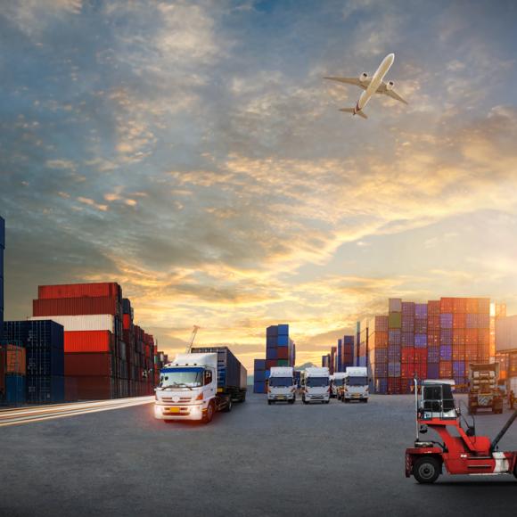 Industrial Container Cargo freight ship, forklift handling container box loading for logistic import export and transport industry
