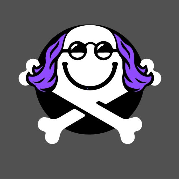 DEFCON logo of a smiley face and crossbones with purple hair and glasses