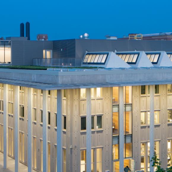 the keller center at dusk