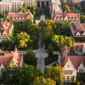 The arial shot of one of the parts of the University of Chicago campus in the summer.