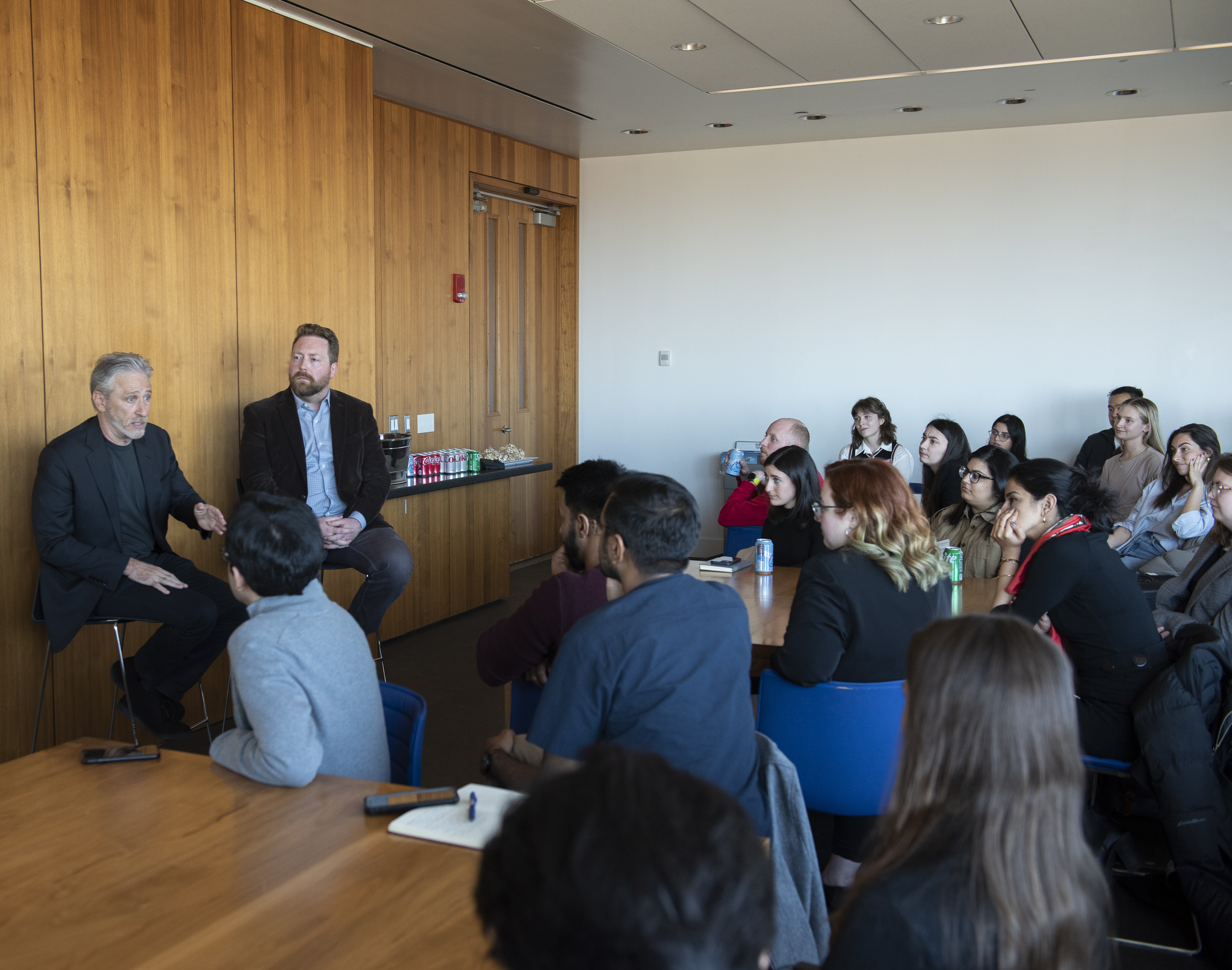 Jon Stewart and David Chrisinger speak with students